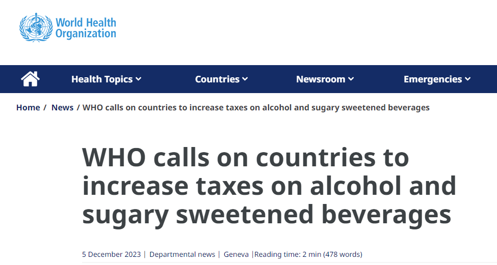 世卫组织官网发文：呼吁各国提高对含糖和含酒精饮料的税收