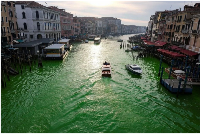 外媒：意大利环保活动人士将威尼斯大运河染成绿色抗议，市长谴责